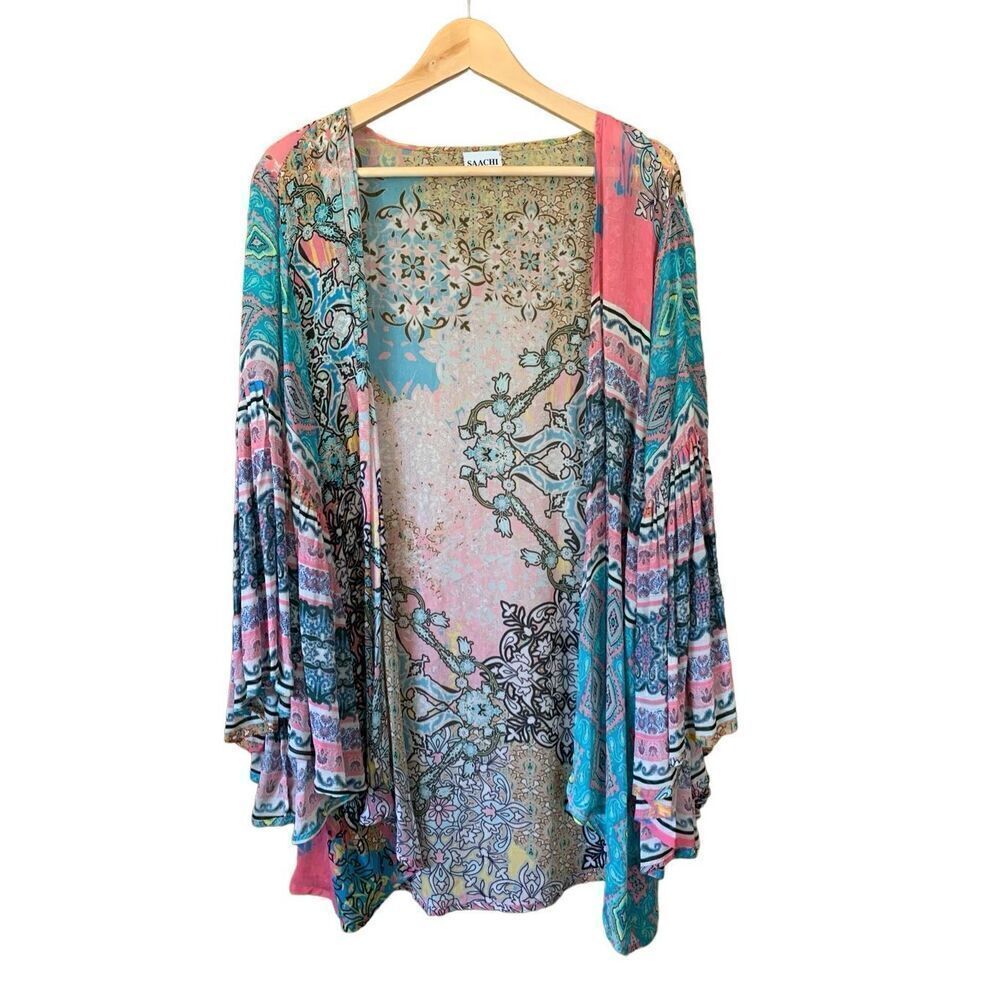 SAACHI‎ Ruffle Printed Open Kimono Blue, Pink One Size - Picture 4 of 12